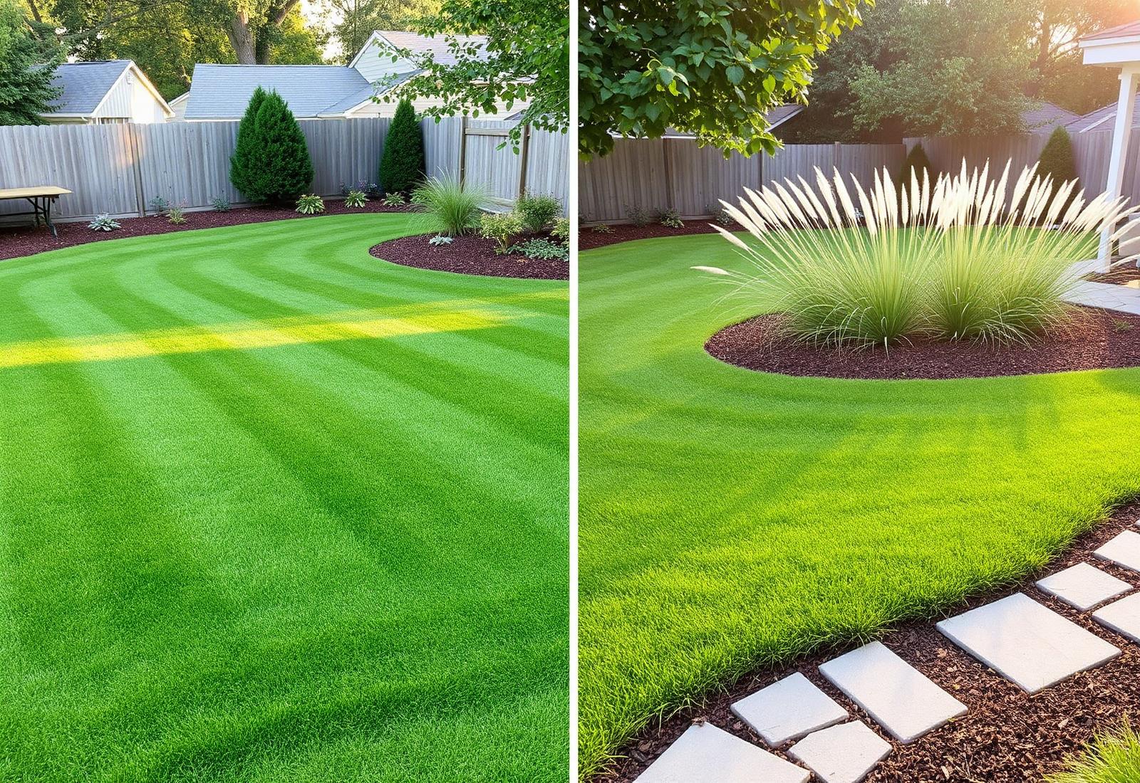 Striped green lawn with curved mulched beds and stone path after landscape installation in Murfreesboro TN