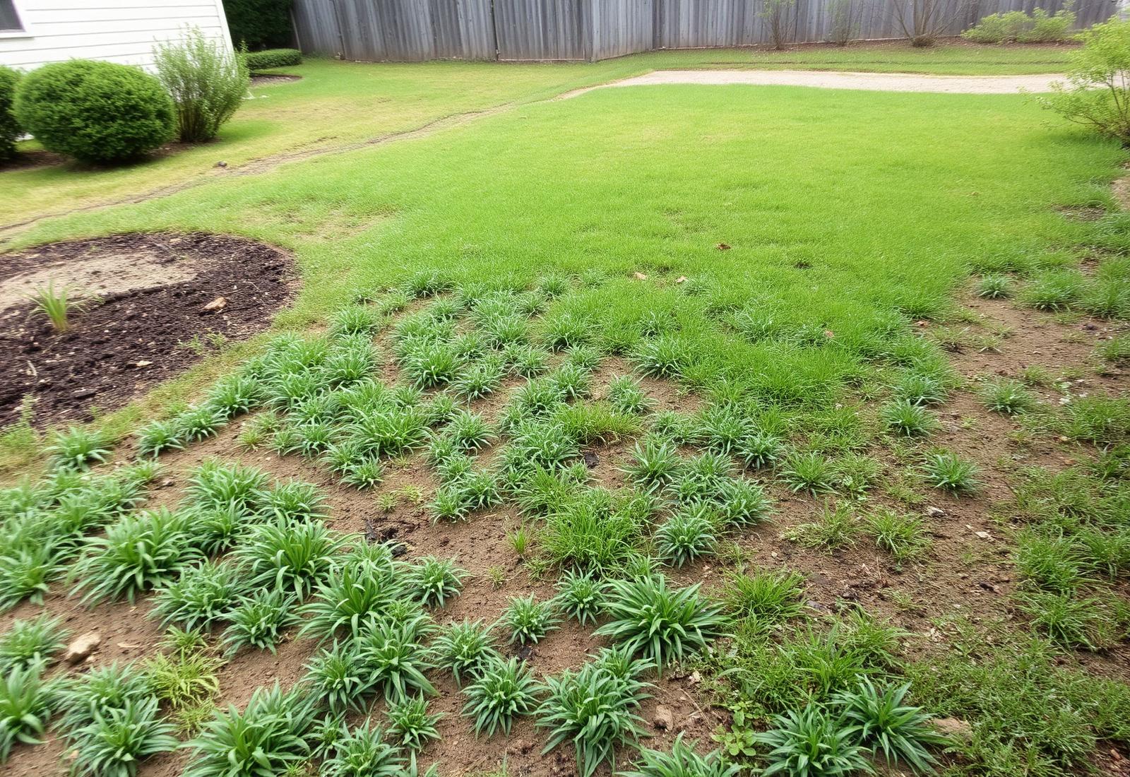 Uneven weedy backyard with bare dirt before landscaping in Murfreesboro TN
