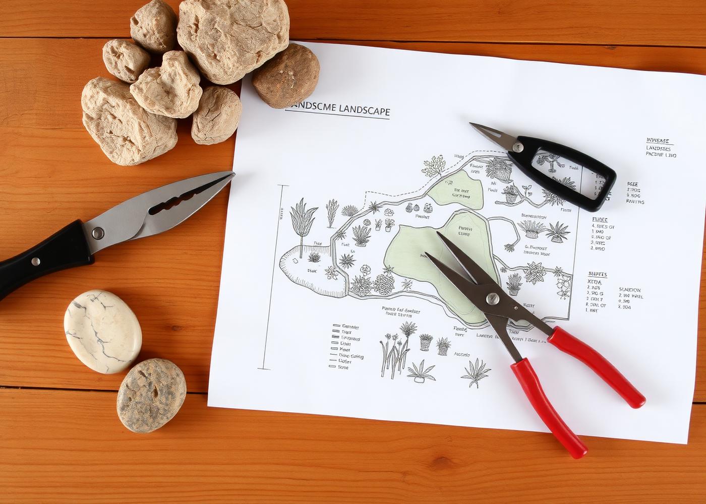 Landscape design plan with plant selections and stone samples for a Murfreesboro TN property