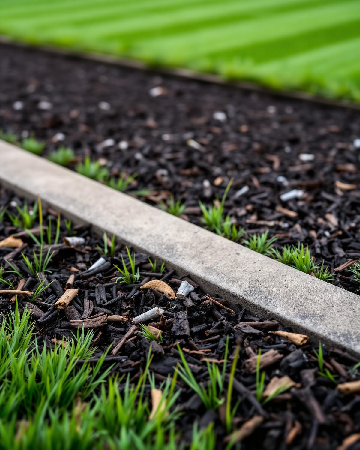 Crisp spade-cut mulch bed edge against a striped green lawn