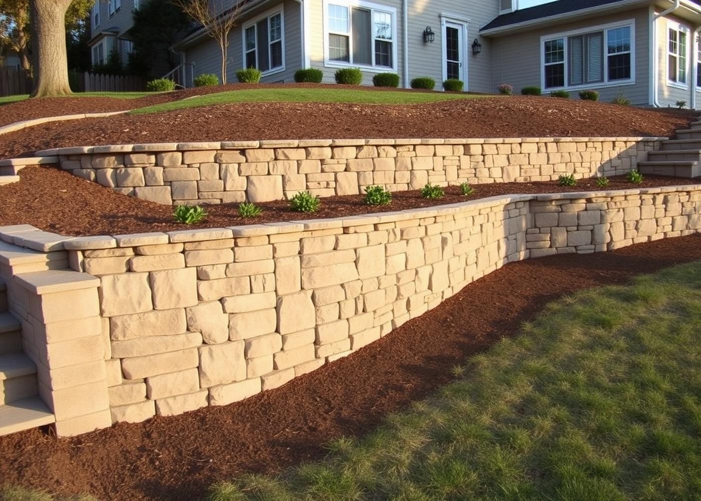 Natural stone retaining wall with tiered planting beds on a sloped Murfreesboro TN yard