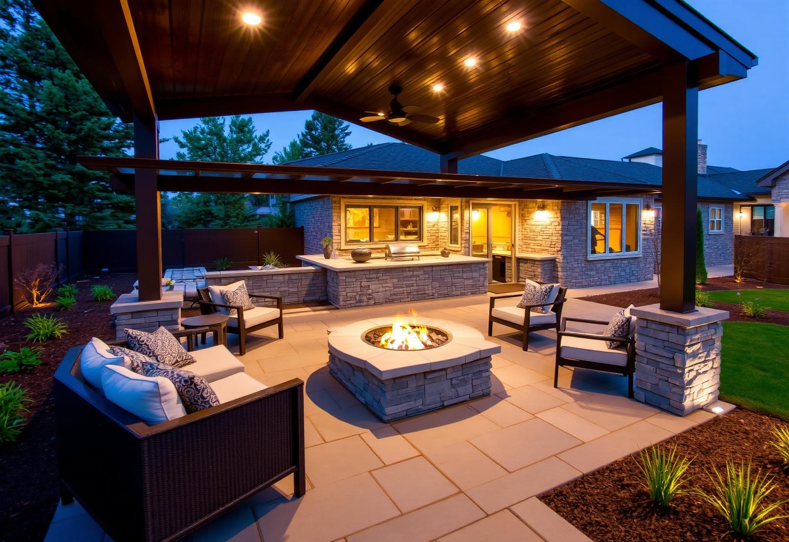 Modern covered patio with fire pit and stone pavers in an outdoor living space