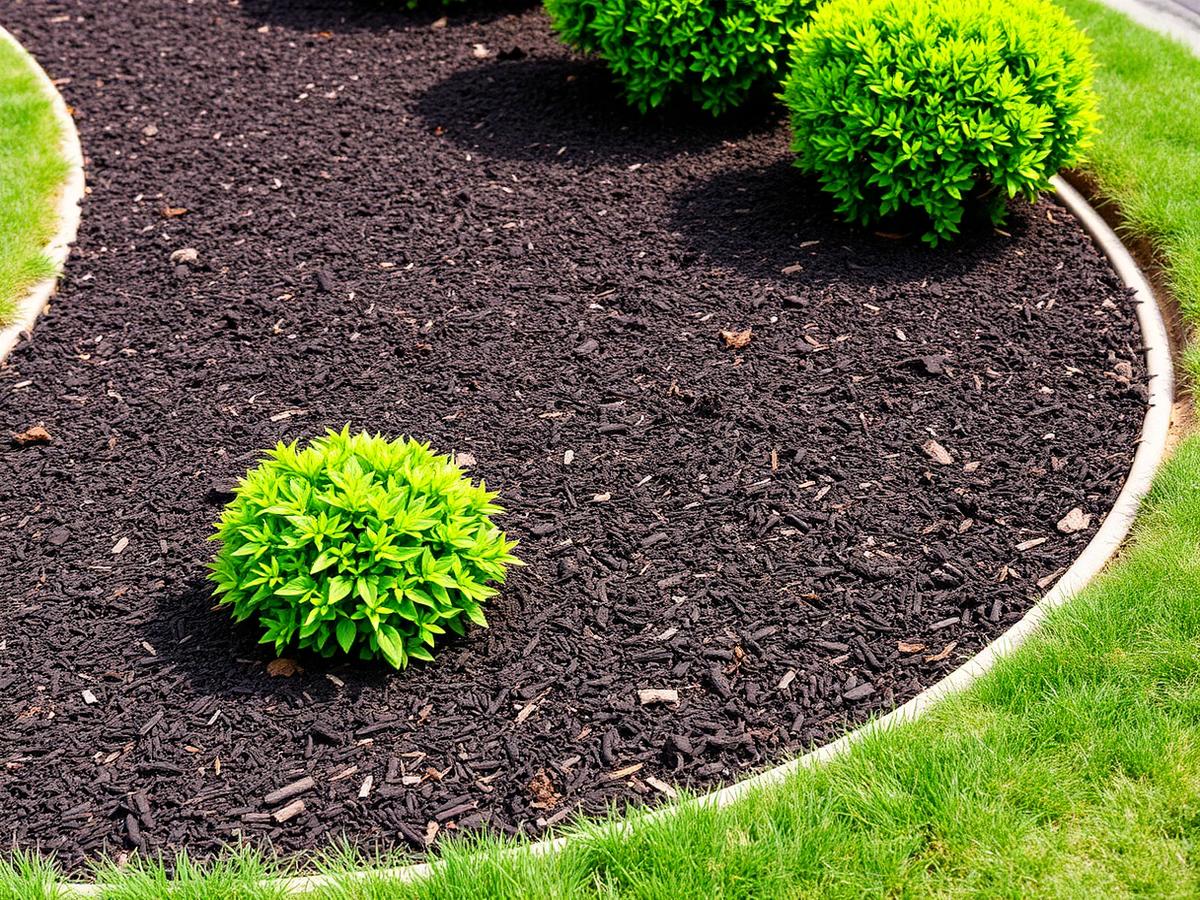 Fresh dark hardwood mulch in landscape beds with clean natural edging